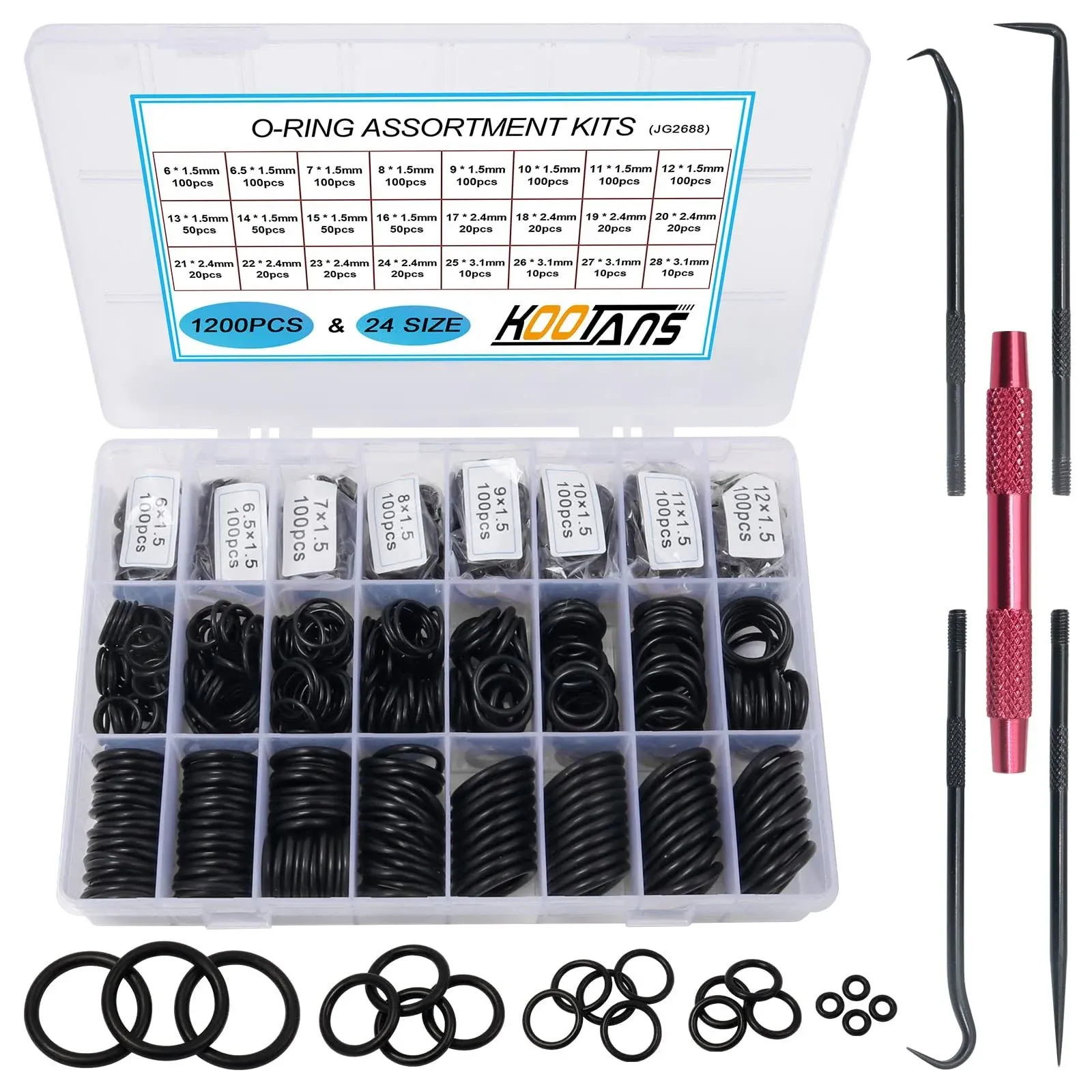 1200Pcs Nitrile Rubber O Ring Kit 24 Sizes O Rings Assortment Kit Set Sealing