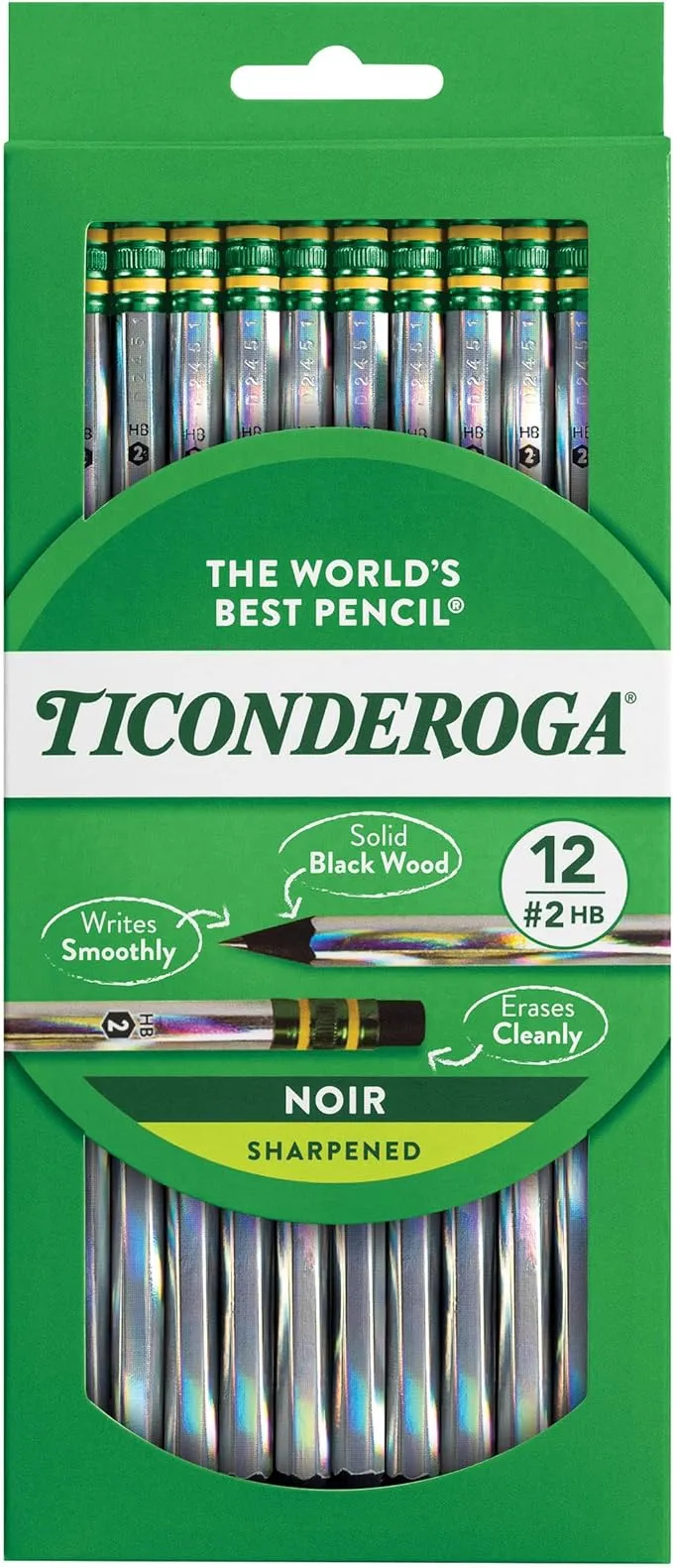 Ticonderoga Noir Black Wood-Cased #2 Pencils, Holographic Design, 12 Count