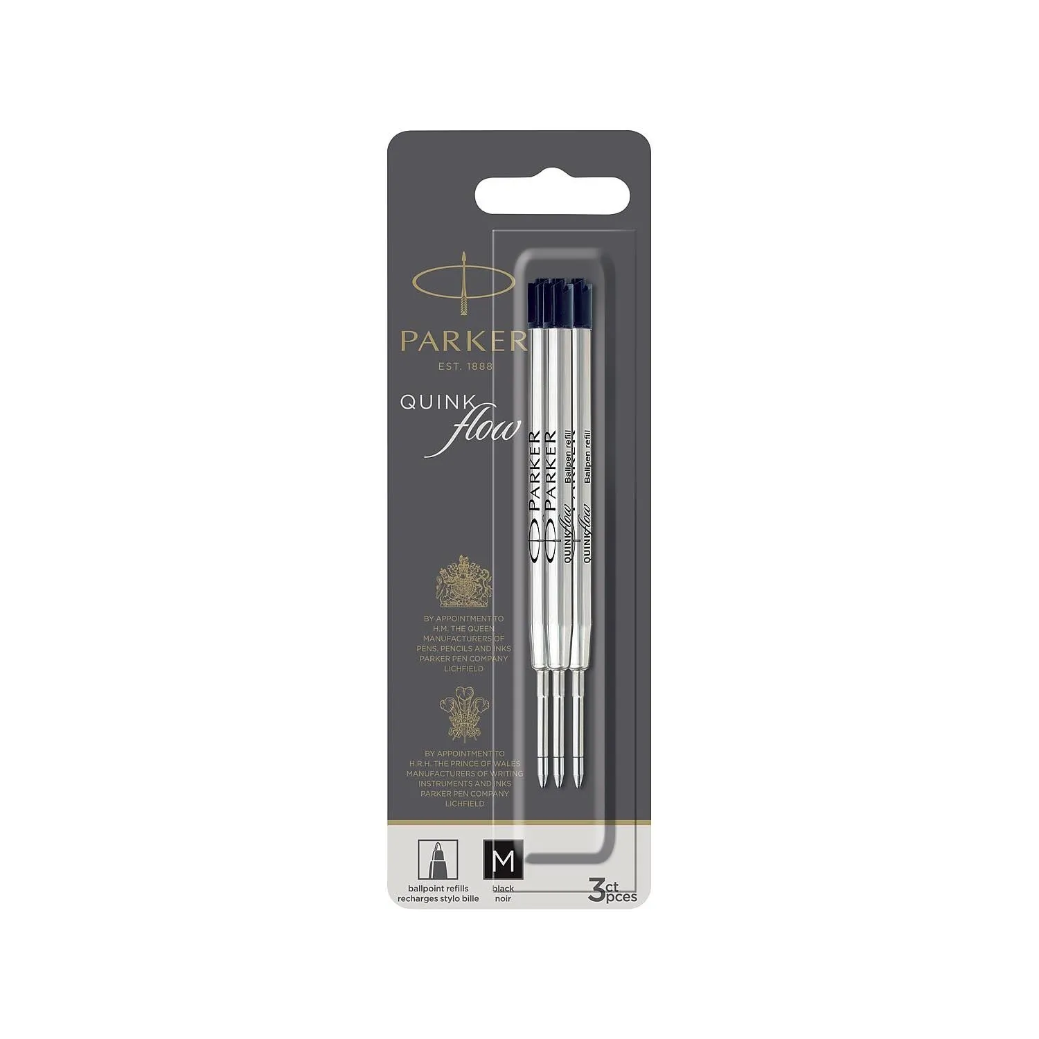 Quinkflow Refill for Parker Ballpoint Pen, Medium Tip, Black Ink, 3/Pack