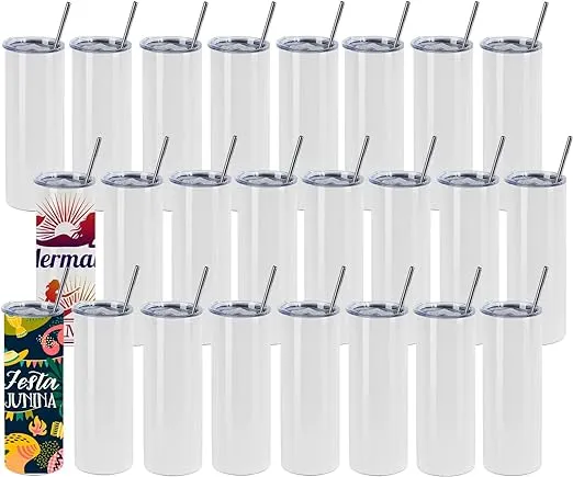 Draheri 24 Pack Sublimation Tumblers Bulk 20 oz Skinny Straight, Sublimation Blanks Double Wall Stainless Steel Skinny Tumbler with Lid