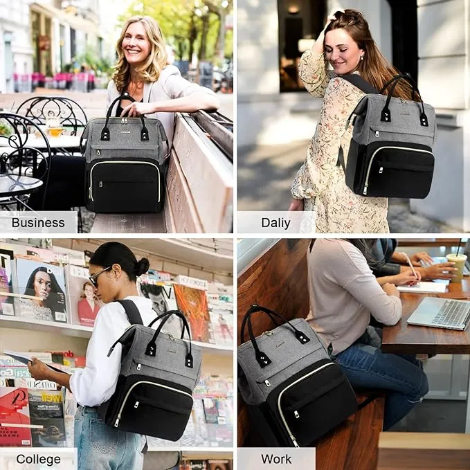 LOVEVOOK Laptop Backpack for Women Fashion Business Computer Backpacks Travel Bags Purse Doctor Nurse Work Backpack with USB Port, Fits 15.6-Inch Laptop Grey Black