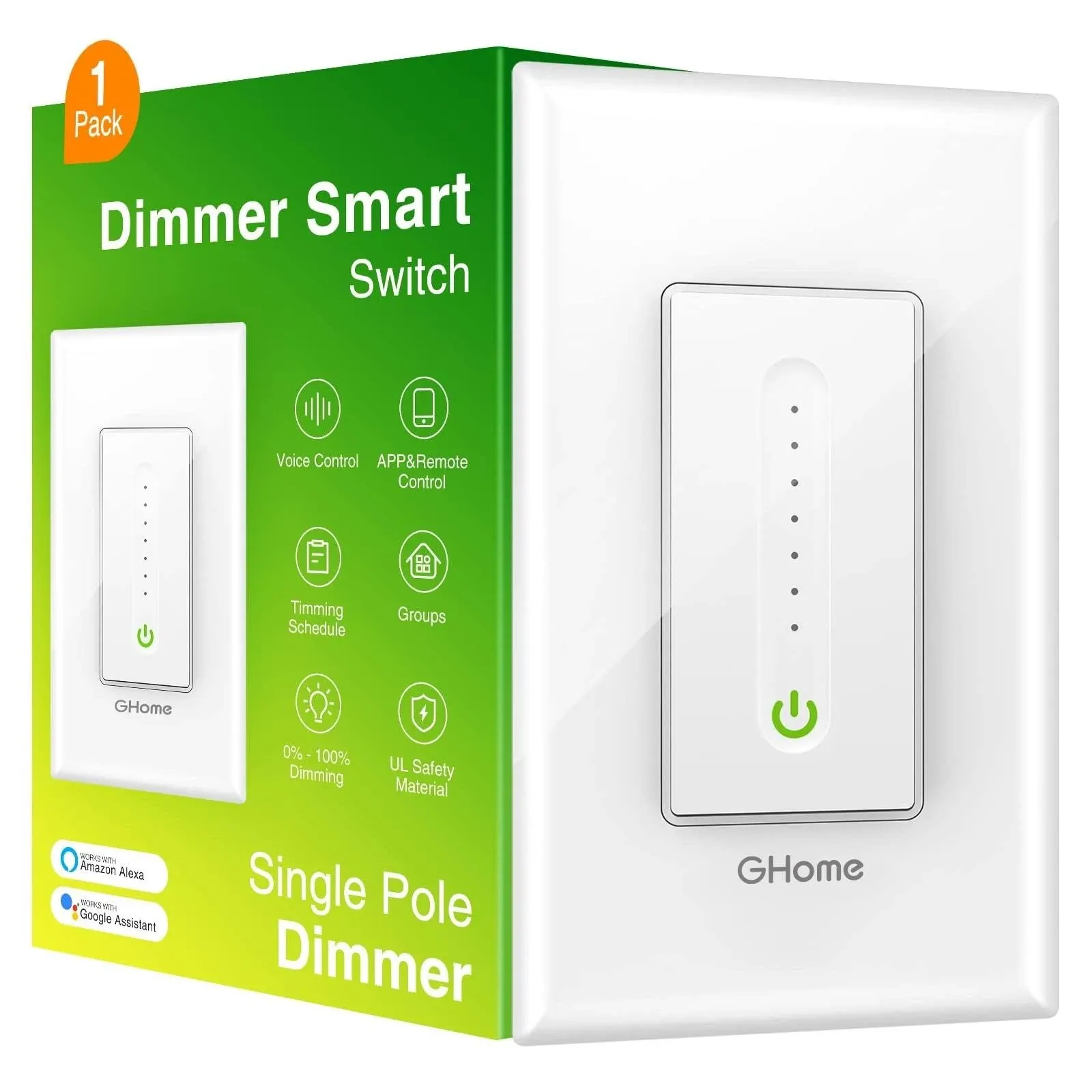 GHome Smart Dual Dimmer Switch Compatible with Alexa Google Home, 2.4GHz Wi-Fi Switch for Dimmable LED CFL INC Light Bulbs, Space Saving, Neutral Wire Required,1 Pack, White