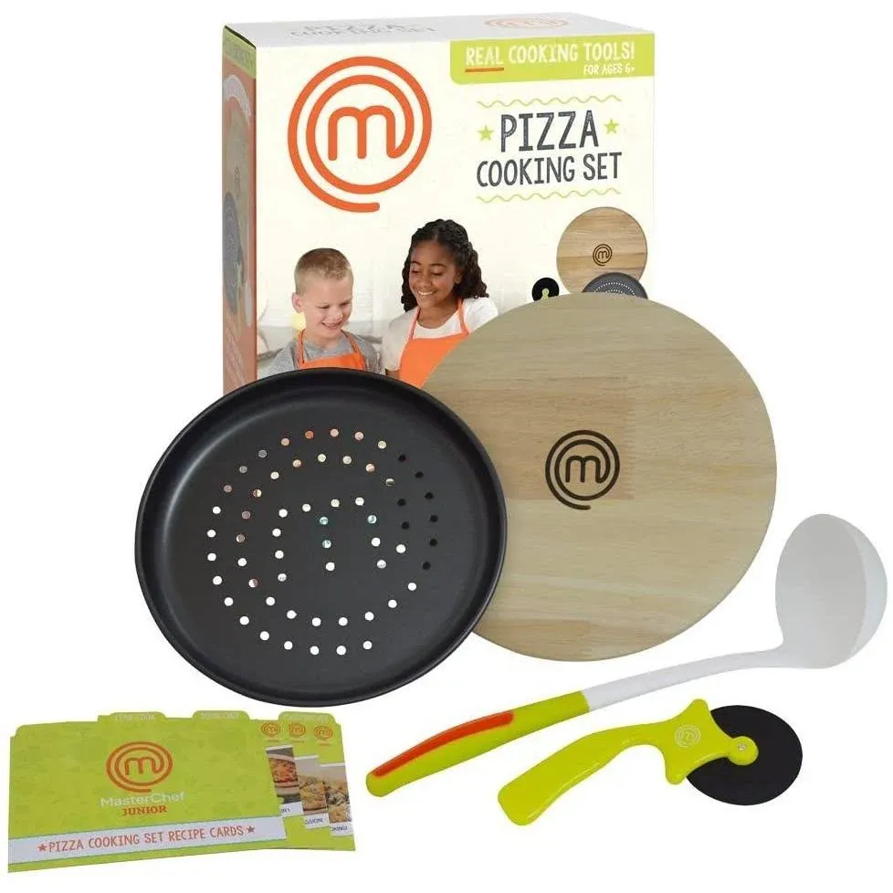 MasterChef Junior Pizza Cooking Set - 5 Pc Kit Includes Real Cookware for Kids w Recipes, Wood Board, Cutting Roller - Make Awesome Homemade Pizza, Great Gifts Birthday Summer Activity for Children