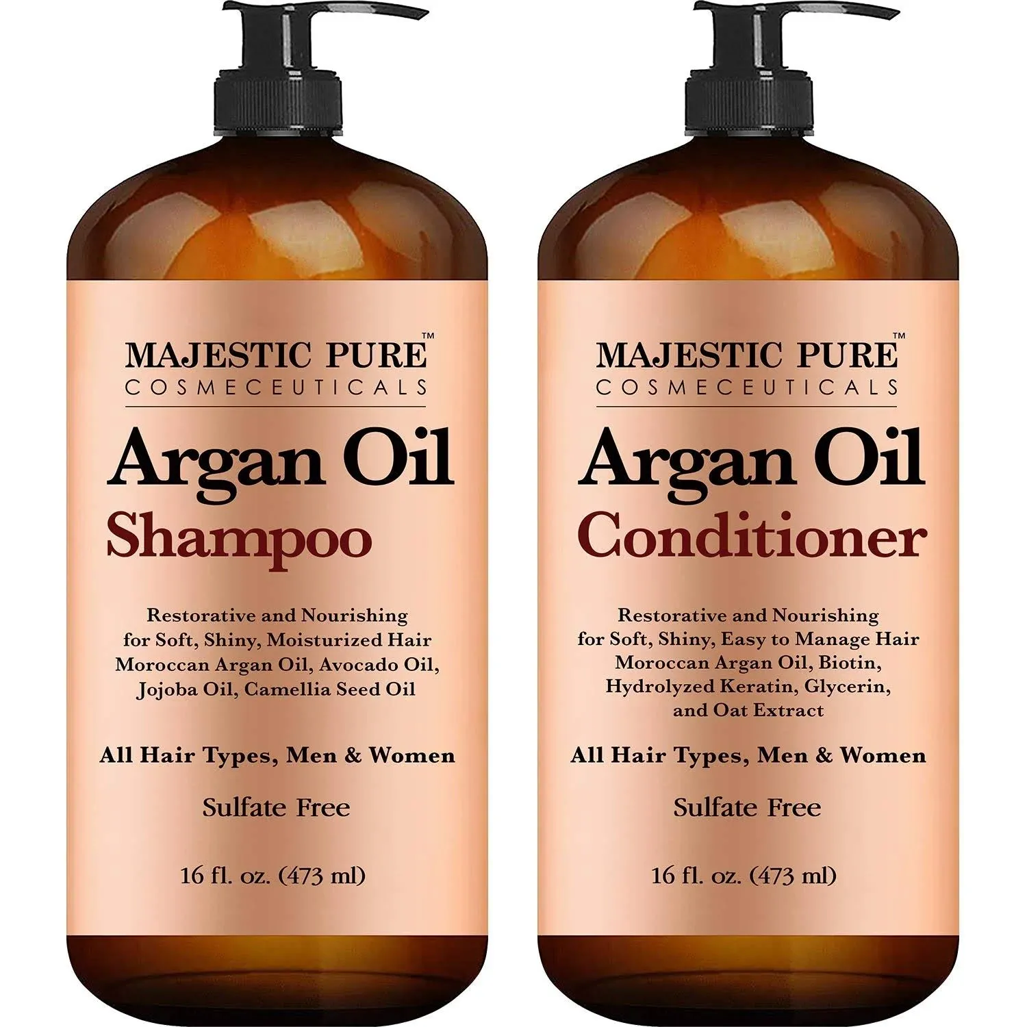 Argan Oil Shampoo and Conditioner, from Majestic Pure, Improve formula Sulfate Free, Vitamin Enriched, Volumizing & Gentle Hair Restoration Formula for Daily Use, for Men and Women, 16 fl oz Each