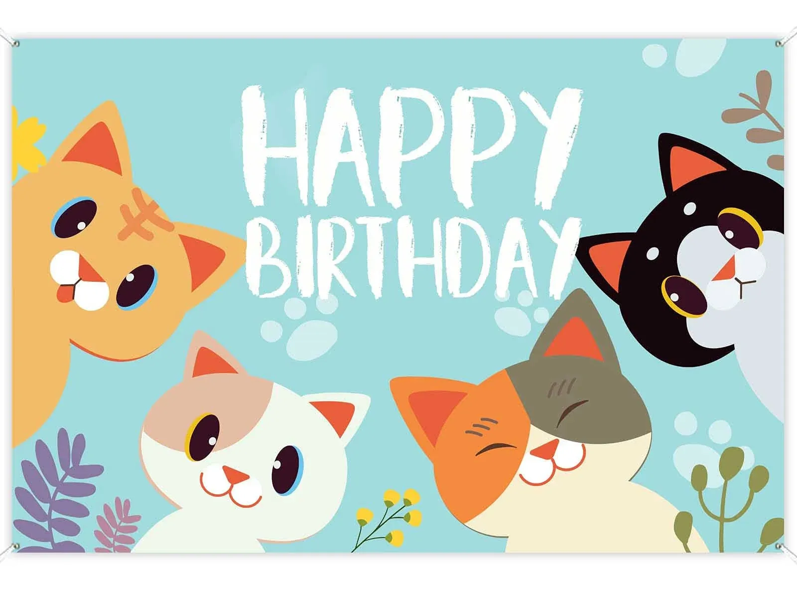 Happy Birthday Banner Backdrop Sky Blue Cute Cat Theme Party Decor Picks for ...