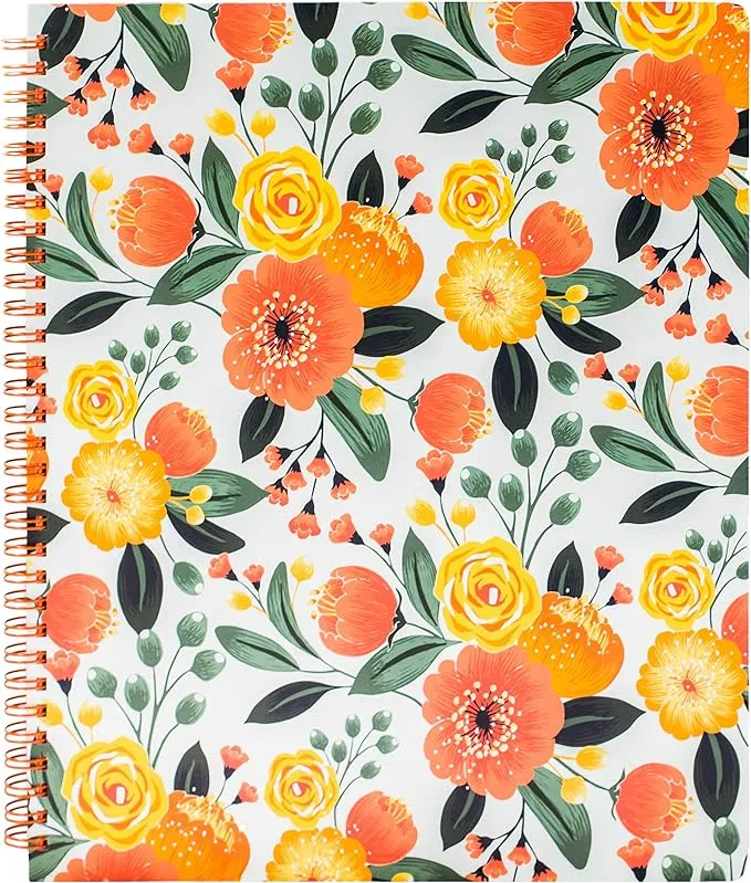 Steel Mill & Co Cute Large Spiral Notebook College Ruled, 11" x 9.5" with Durable Hardcover and 160 Lined Pages, Orange Floral