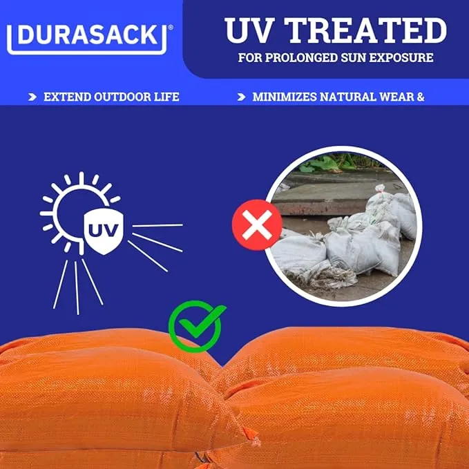 DURASACK Heavy Duty Sand Bags with Tie Strings Empty Woven Polypropylene Sand-Bags with 1600 Hours of UV Protection, 50 lbs Capacity, 14x26 Inches,