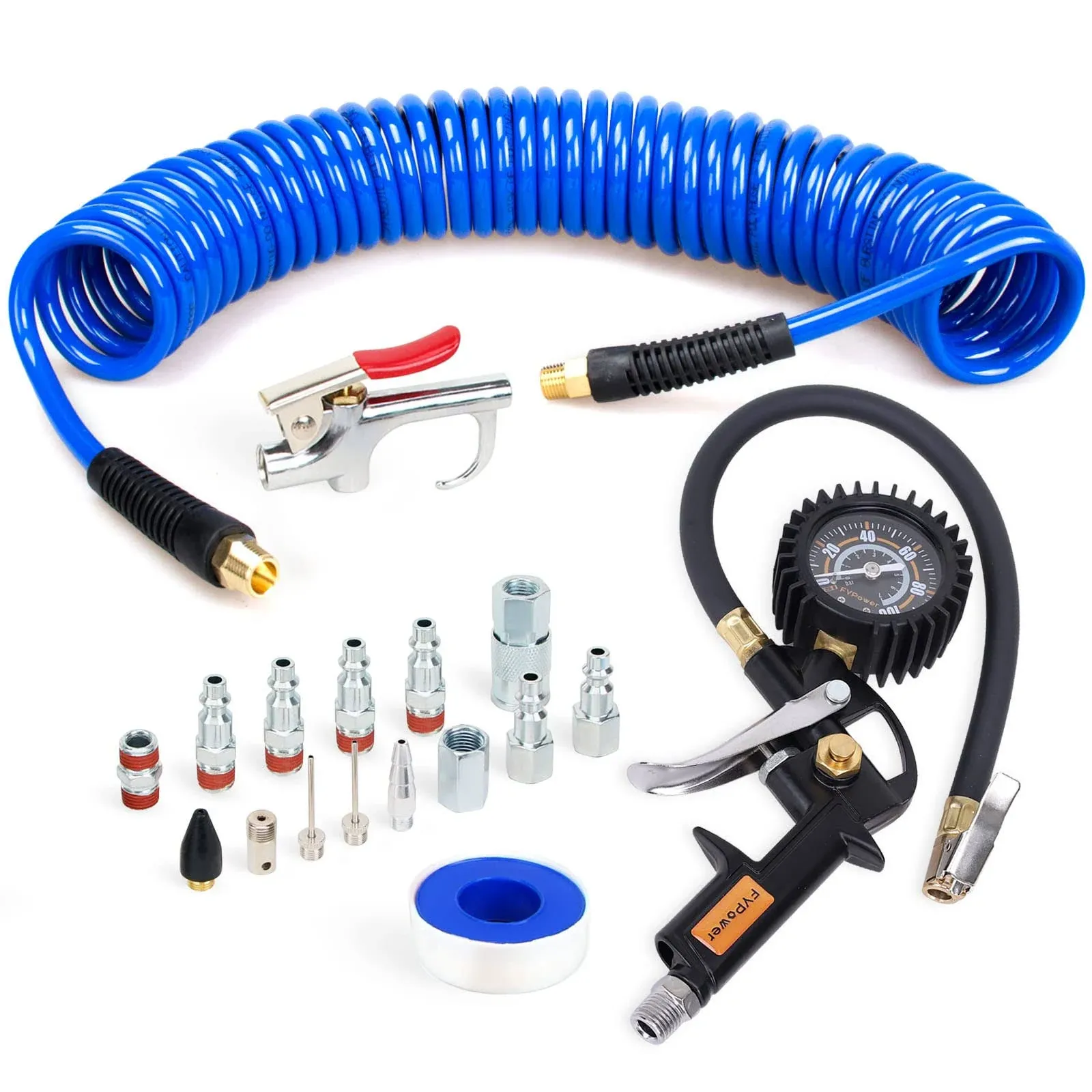 FYPower 18 Pieces Air Compressor Accessories Kit, 1/4 inch x 25 ft Recoil Poly ...