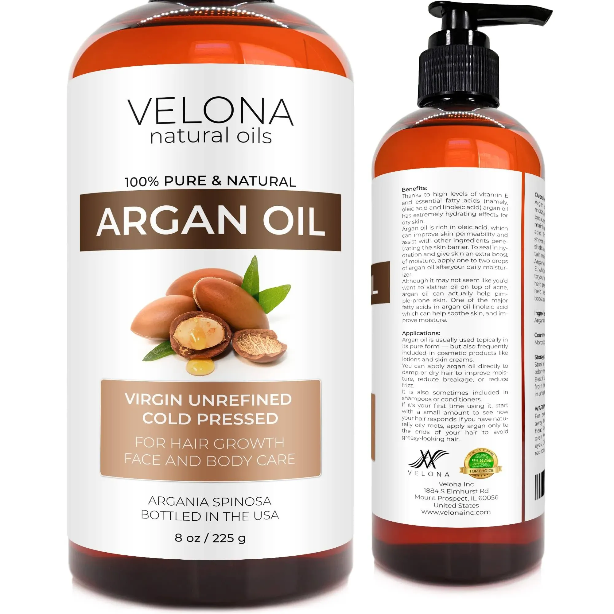 Velona Argan Oil - 8 oz 100% Pure & Natural | Morocco Oil | Stimulate Hair Growth, Skin, Body and Face Care | Nails Protector | Ununrefined, Cold Pressed | Cap Kit