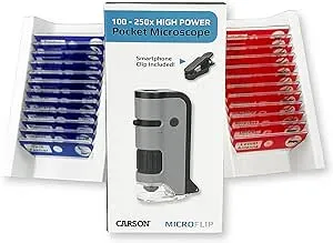 Carson MicroFlip 100x-250x LED and UV Lighted Pocket Microscope with Flip Down Slide Base and Smartphone Digiscoping Clip - Bundled Kit Option with 24 Prepared Slides (MP-250, MP-250MU, MP-250BUN)