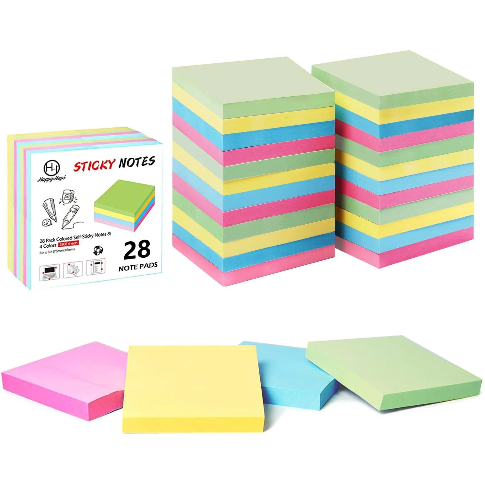 Sticky Notes 3x3 Inches Bulk 28 Pack 2800 Sheets Colored Selfstick Pads 100 Shee