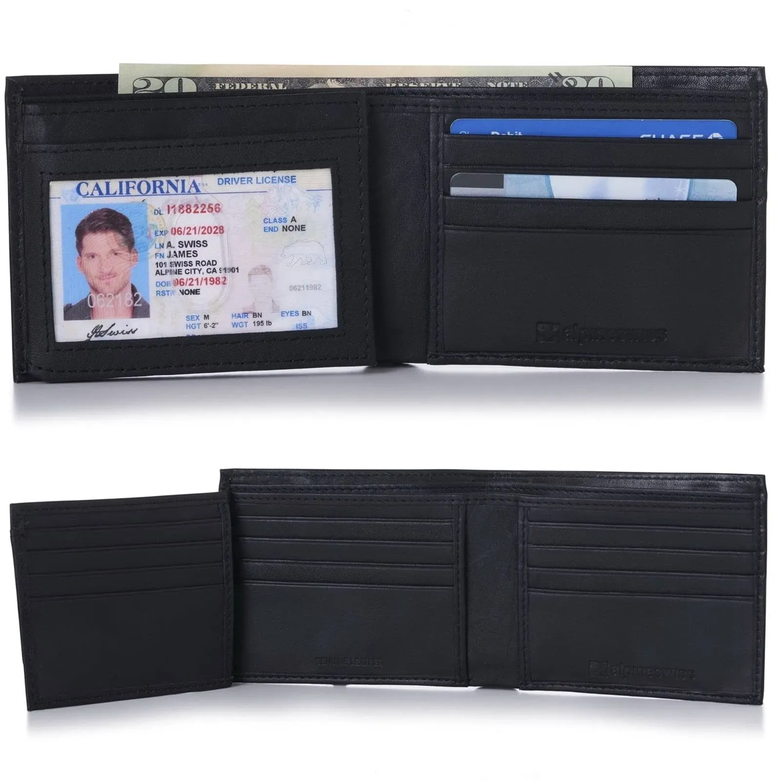 Alpine Swiss Men's Genuine Leather Trifold Wallet Black