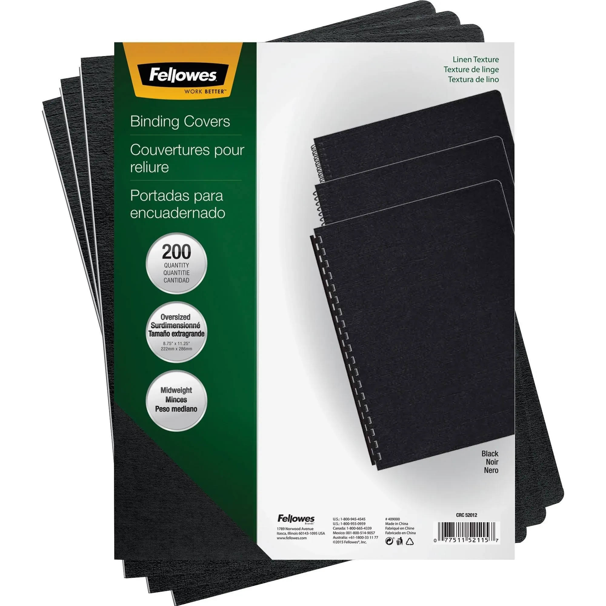 Fellowes Black Linen Oversize Binding Covers, 200 Pack