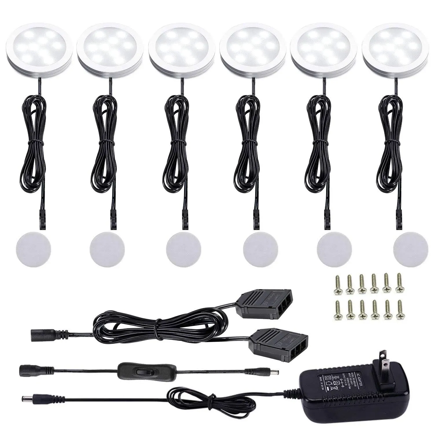  12V LED Under Cabinet Lights Kit 6 Pack Black Cord Aluminum Puck Lamps for 