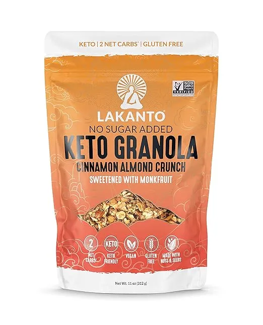 Lakanto Cinnamon Almond Crunch Granola - Delicious Snack, Quick Breakfast Cereal, Keto Friendly, Monk Fruit Sweetener, No Sugar Added, Vegan, Gluten Free, Grain Free, 4g Net Carbs (11 Oz)