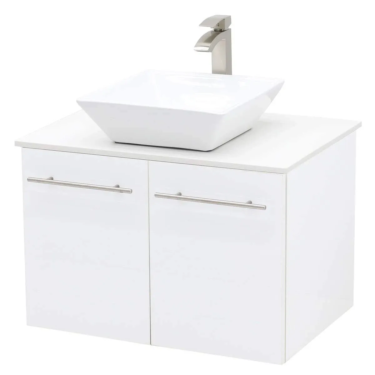 Wall Mount Floating Bathroom Vanity Sink Set, White Embossed Texture Vanity, White Flat Stone Countertop Ceramic Sink - 24"