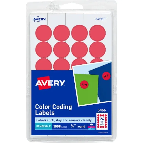 Avery Print/Write Self-Adhesive Removable Labels, 0.75 Inch Diameter, Red, 1008 per Pack (5466)