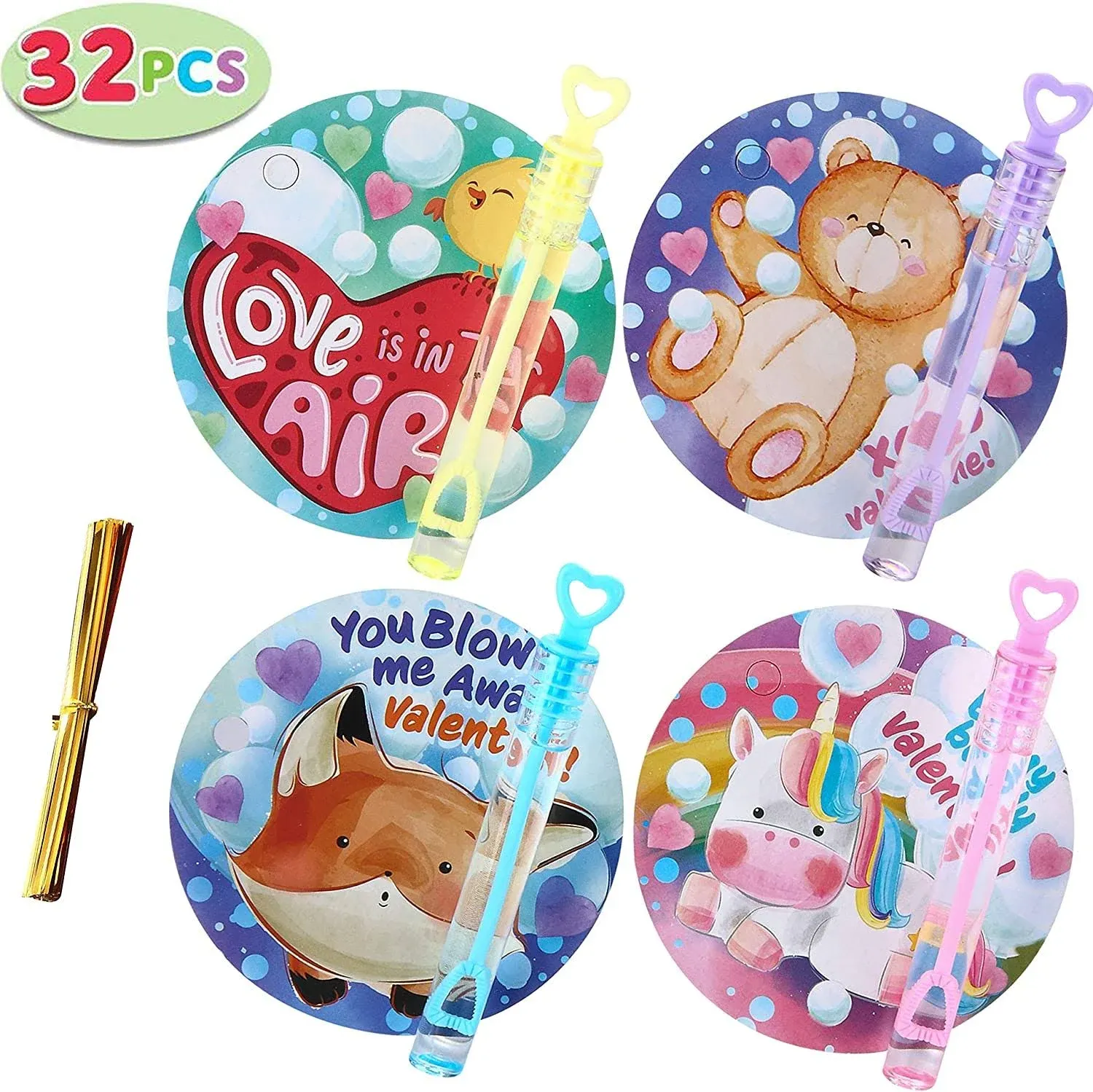 Joyin 32 Pcs Valentines Day Gift Cards with Mini Bubble Maker Wands for Kids Valentine Party Favor Toys