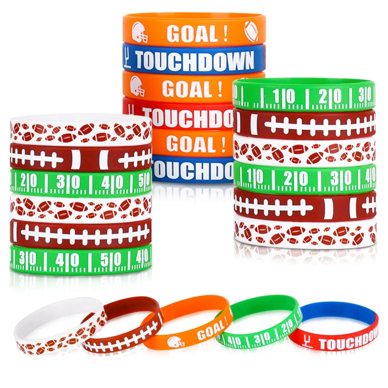 Gatherfun Football Wristband Silicone Bracelets Sport Themed Party Accessories Gift for football Tailgate Birthday Party Decorations Party Favors and Adults 35 Pack, 5 Designs