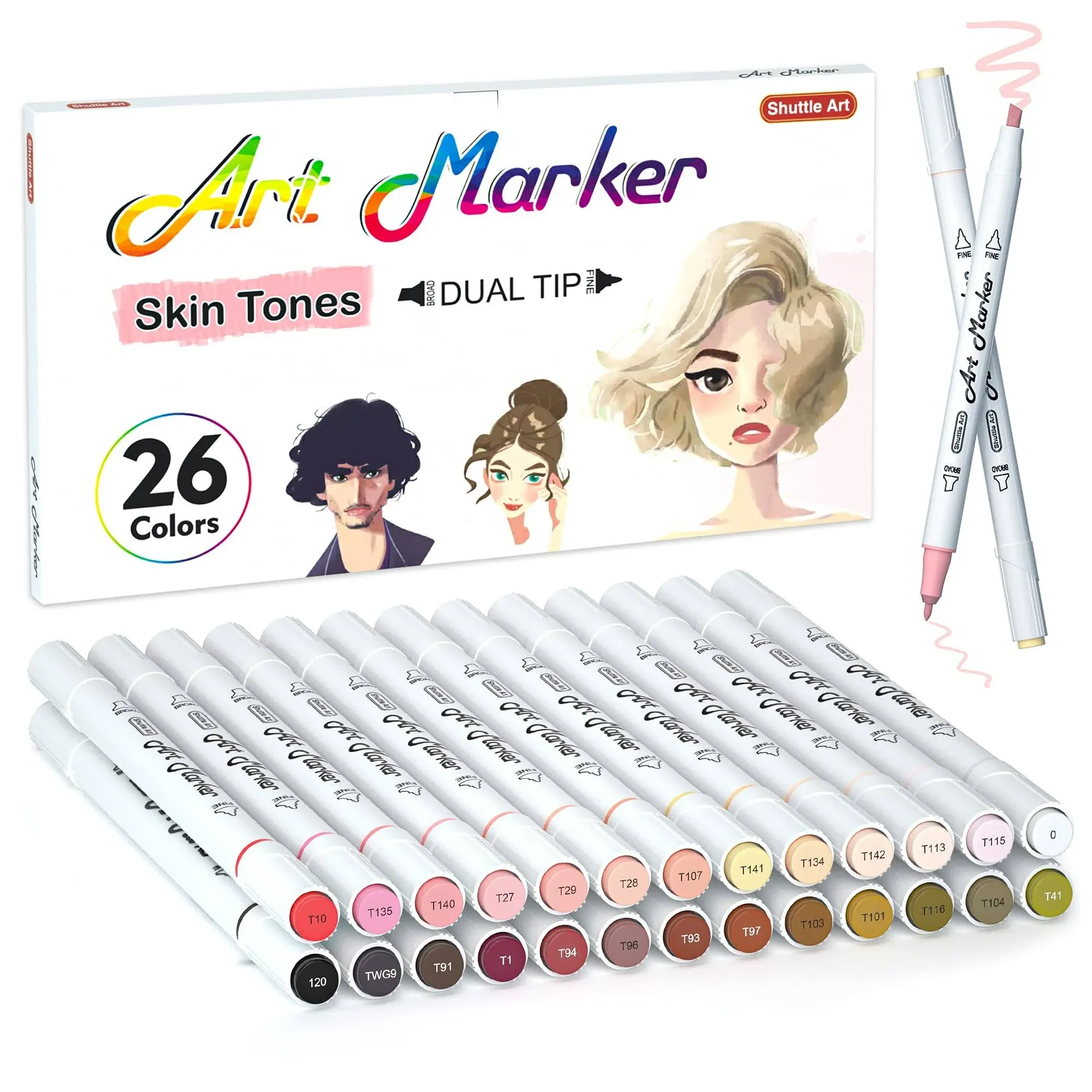 Shuttle Art 26 Colors Skin Tone&Hair Art Markers, Dual Tip Alcohol Bas