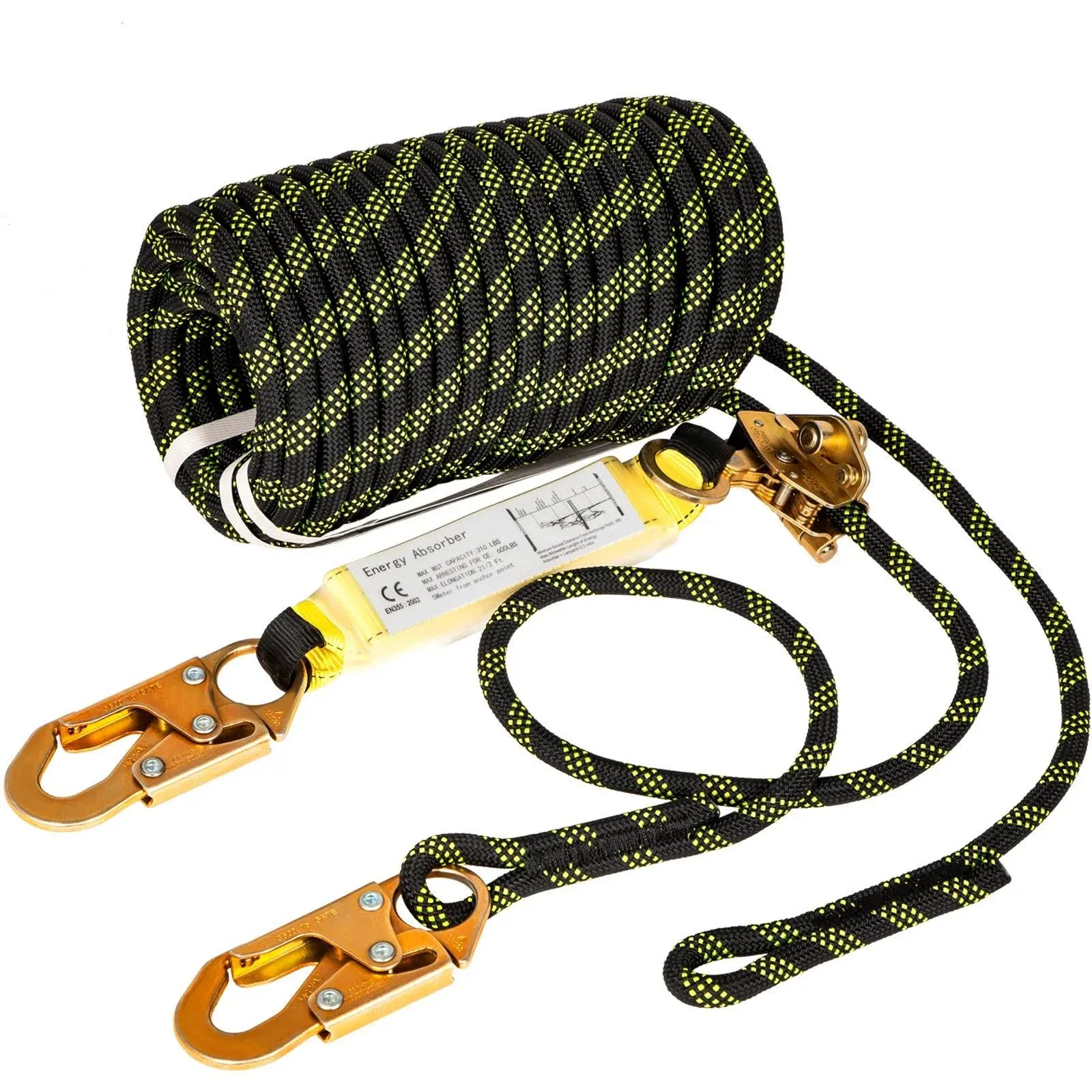 VEVOR Vertical Lifeline Assembly, 100 ft Fall Protection Rope, Polyester Roofing Rope, CE Compliant Fall Arrest Protection Equipment with Alloy Steel Rope Grab, Two Snap Hooks, Shock Absorber