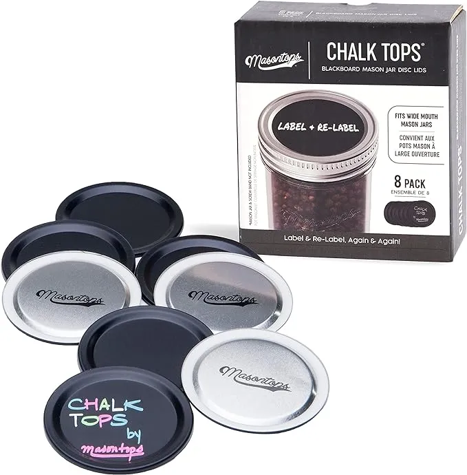 Chalk Tops - Reusable Chalkboard Lids for Mason Jars - 8 Pack - Wide Mouth