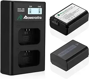 Powerextra NP-FW50 Battery and 3 Channel Charger LCD Display Compatible with Sony ZV-E10 A6000 A6500 A6300 A7 A7II A7SII A7S A7S2 A7R A7R2 A7RII A55 A510 RX10 RX10II Camera