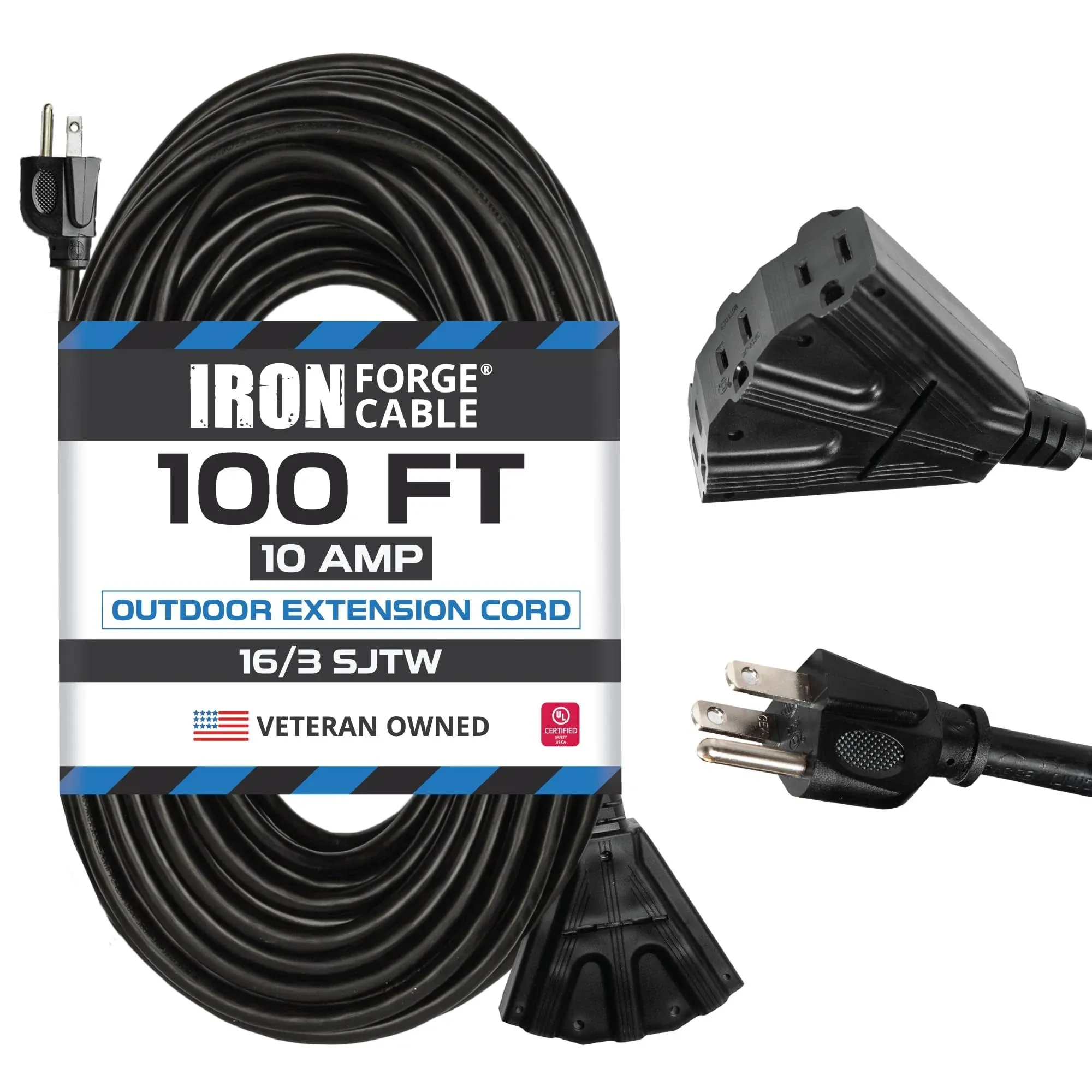 Iron Forge Cable 3 Outlet Outdoor Extension Cord 100 ft, SJTW Weatherproof 16 Gauge Black Extension Cord with Multiple Outlets 3 Prong, Long