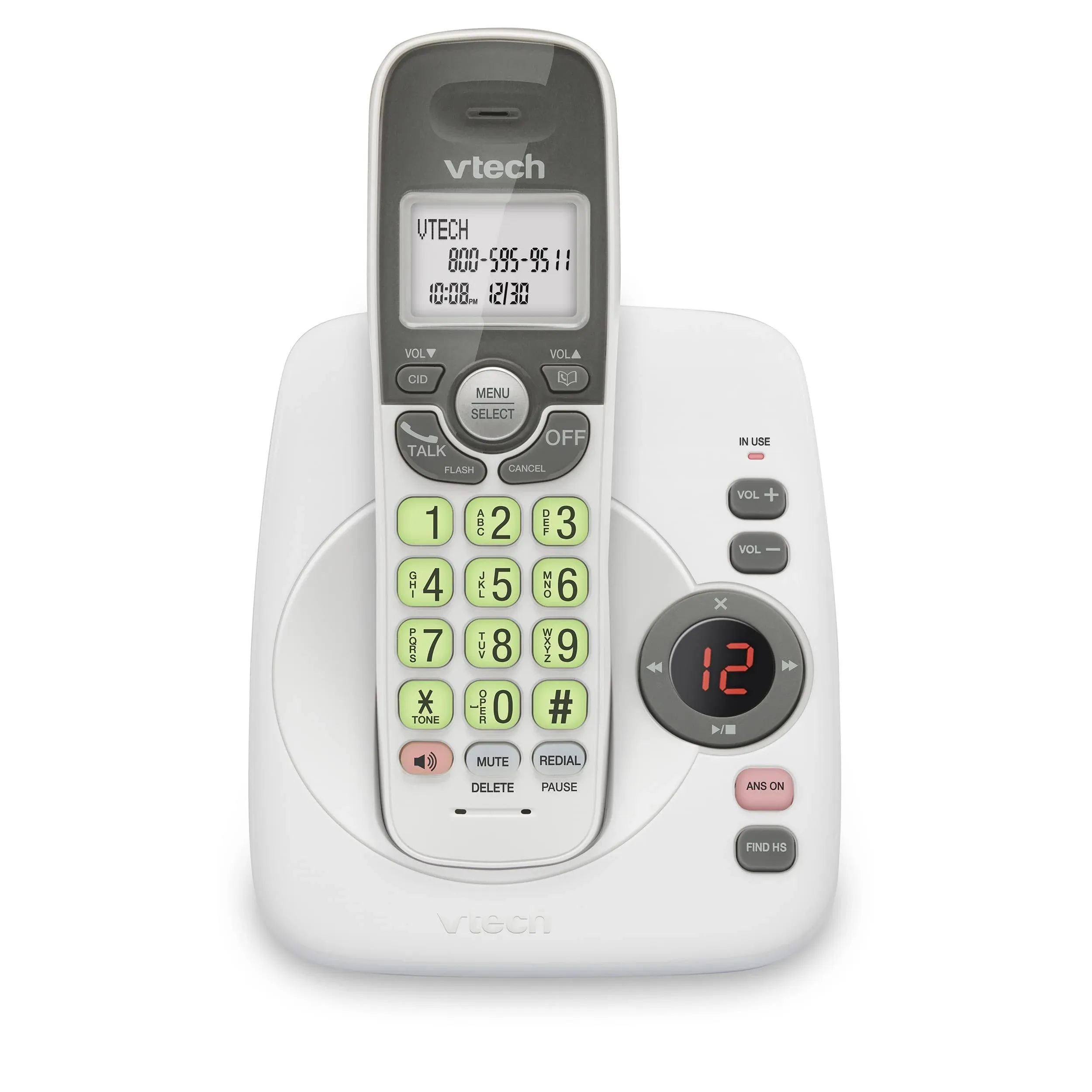 Vtech DECT 6.0 Cordless Home Phone with Answering Machine, Backlit Display, Speakerphone, Caller ID - 1000 ft Range, White/Grey VG104