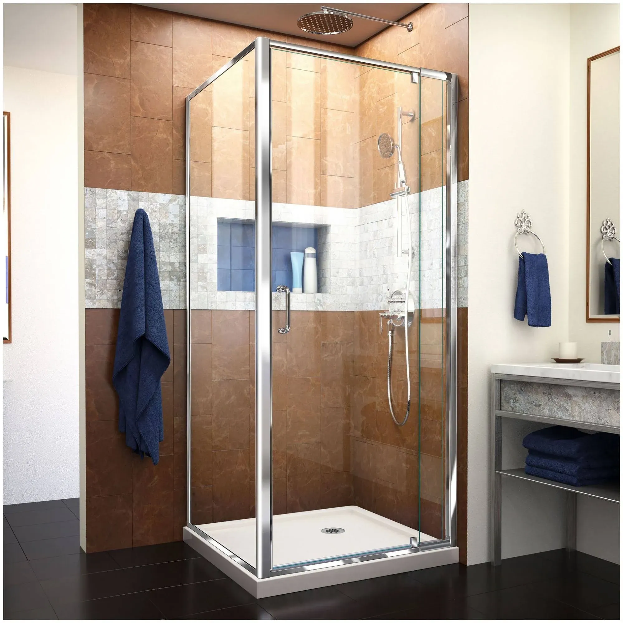 DreamLine Flex D x H Semi-Frameless Pivot Shower Enclosure in Chrome Drain Base