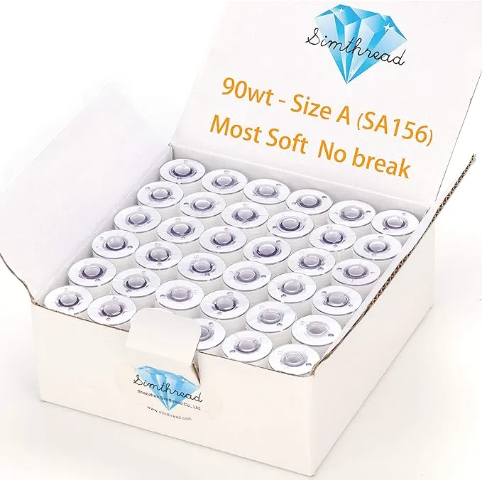 Simthread 144pcs White 90 Weight WT(60S/2) Prewound Bobbins Thread Size A Class 15 Plastic Sided for Brother Babylock Embroidery Thread Sewing