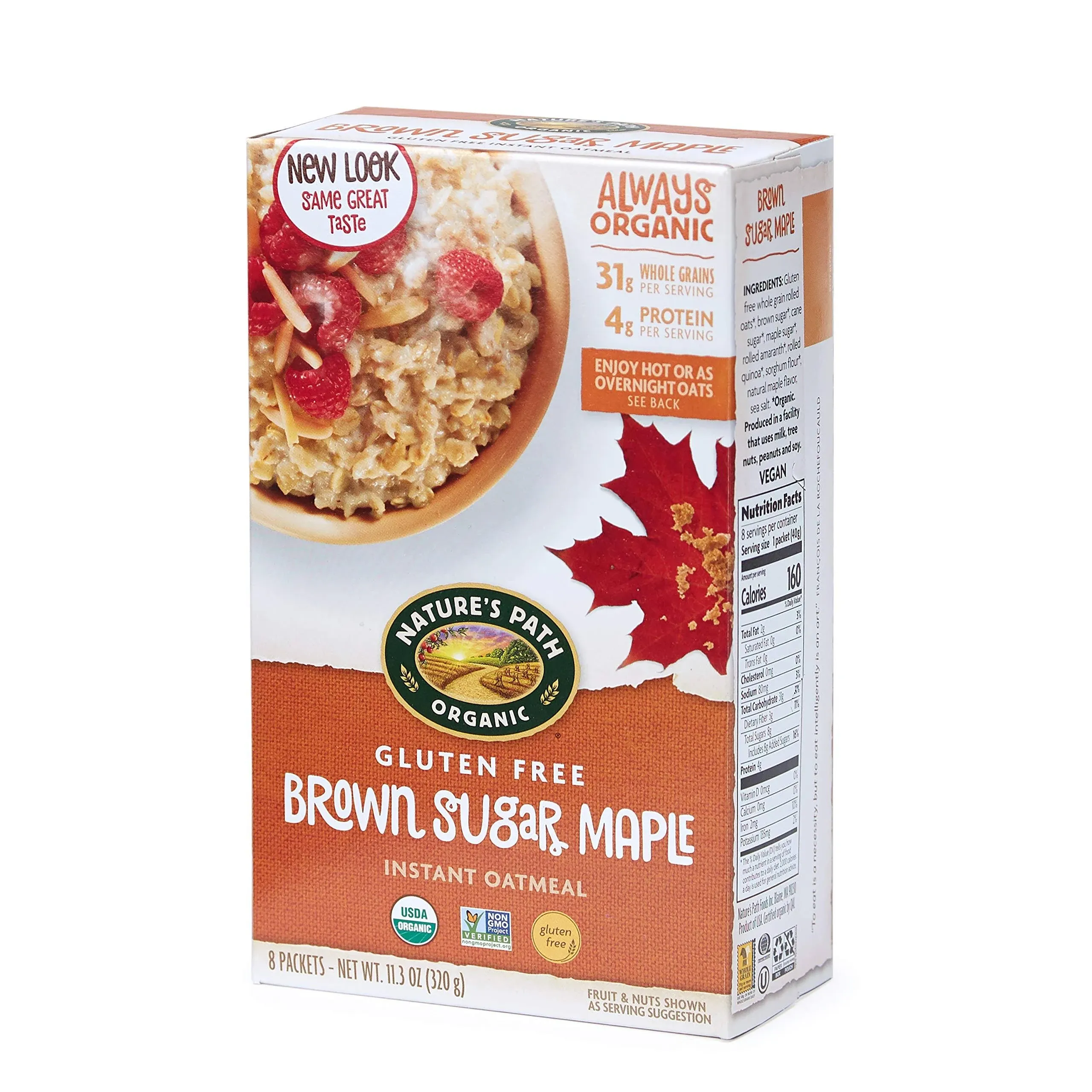 Nature's Path Organic Instant Oatmeal, Gluten Free, Brown Sugar Maple - 8 packets, 11.3 oz