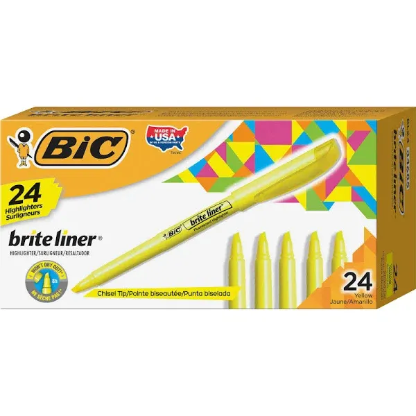 Bic Brite Liner Highlighter, Chisel Tip, Yellow, 24/Pack