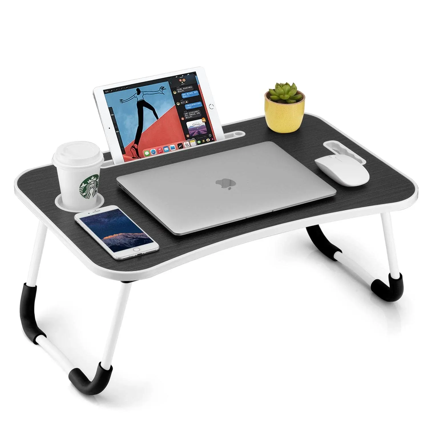 FISYOD Foldable Laptop Table, Portable Lap Desk Bed Table Tray, Laptop Stand with Cup Holder & Tablet Slot & Lifting Handle for Working Writing