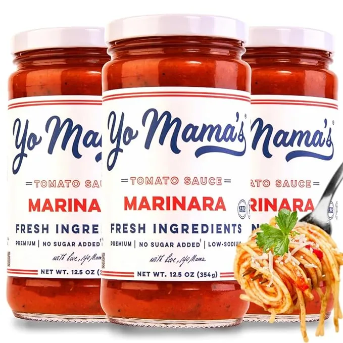 Keto Marinara Sauce by Yo Mama's Foods - Marinara Pasta Sauce for Pasta, Pizza, and Gourmet Dishes | (3) 12.5 Ounce Pasta Sauce Jars | No Sugar Added, Low Carb, Low Sodium, Gluten Free, Paleo Friendly, and Made with Whole, Non-GMO Tomatoes!