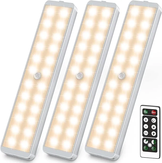 Lightbiz LED Closet Light, 24-LED Dimmer Rechargeable Motion Sensor Closet Light Under Cabinet Wireless Stick-Anywhere Night Safe Light Bar for Stairs, Wardrobe,Kitchen (3 Packs)