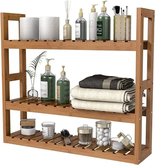 Domax Bamboo Bathroom Shelf 3-Tier Wall Mount Storage Rack Multifunctional Adjustable Layer Free Standing Over Toilet Utility Shelves Living Room Kitchen (Walnut)