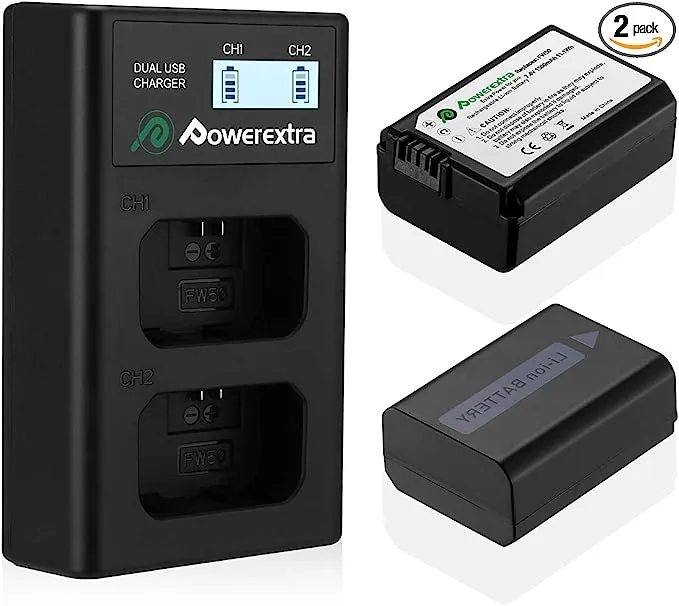 Powerextra 2 Pack Replacement Sony NP-FW50 Battery and Smart LCD Display Dual Usb Charger Compatible for Sony ZV-E10