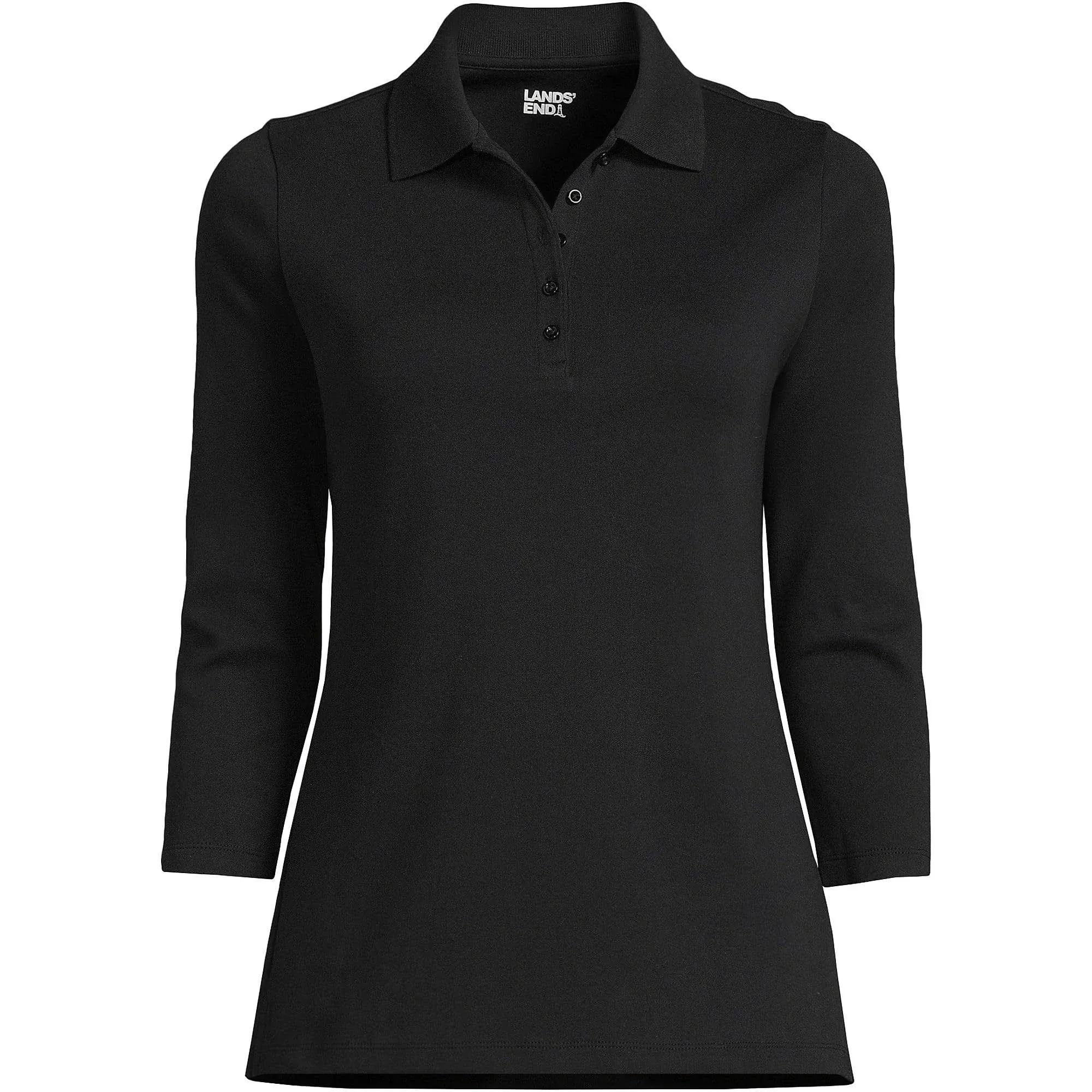 Lands' End Women's 3/4 Sleeve Cotton Interlock Polo - Large - Black