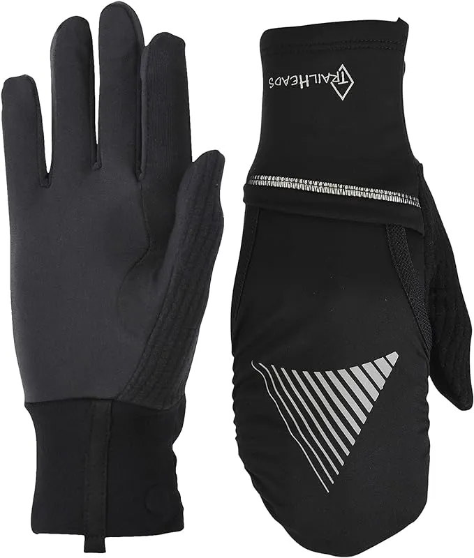 TrailHeads Womens Running Gloves Touchscreen Fingers & Convertible Waterproof Mitten Shell - for Winter, Reflective, Warm