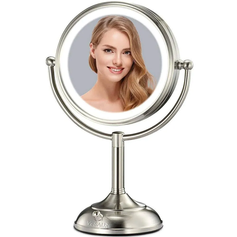 VESAUR 10" Extra Large and 17" Tall Lighted Makeup Mirror, 1X/5X Magnifying Vanity Mirror with 3 Colors Dimmable, 52 Premium LED Lights, 360° Rotation Table Mirror 2 Power Supply, Pearl Nickel