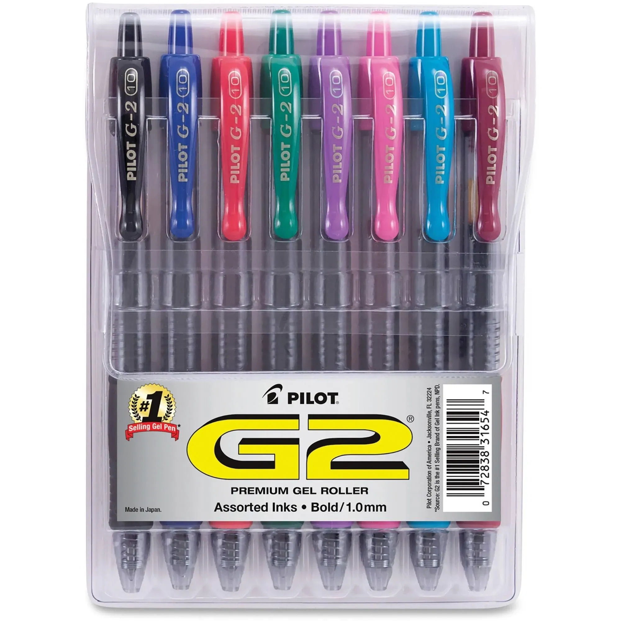 Pilot(R) G-2(TM) Retractable Gel Ink Rollerball Pen, Bold Point, 1.0 mm, Assorted Barrels, Assorted Ink Colors, Pack of 8