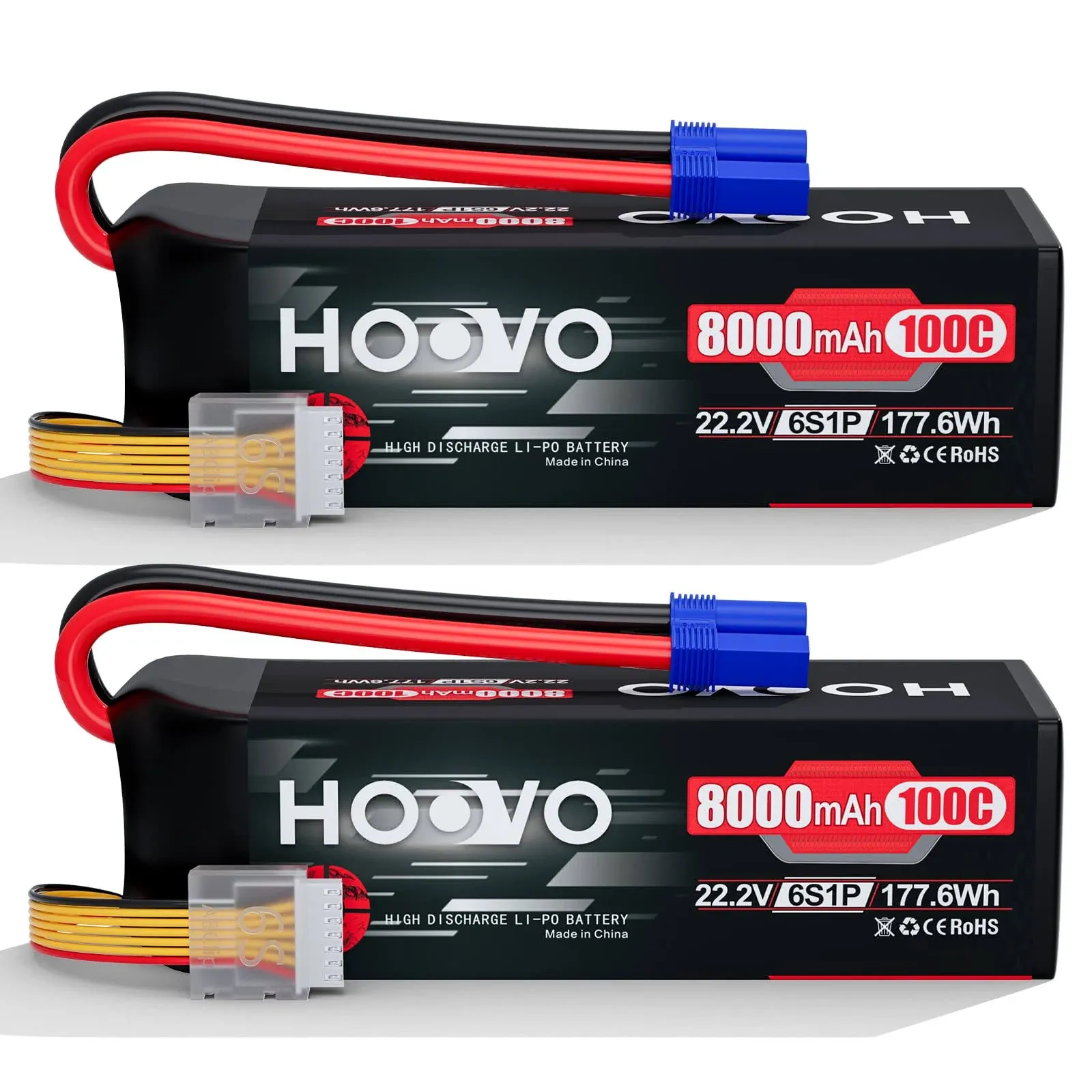 HOOVO 6S 22.2V LiPo Battery 8000mAh 100C RC LiPo Batteries Metal Plates with EC5 Plug Compatible with Traxxas UDR RC Car Boat Buggy Truck Tank Racing Hobby(2 Pack)