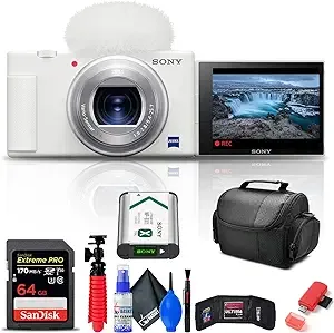 Sony ZV-1 Digital Camera (White) (DCZV1/W) + 64GB Memory Card + Card Reader + Deluxe Soft Bag + Flex Tripod + Memory Wallet + Cleaning Kit (Renewed)