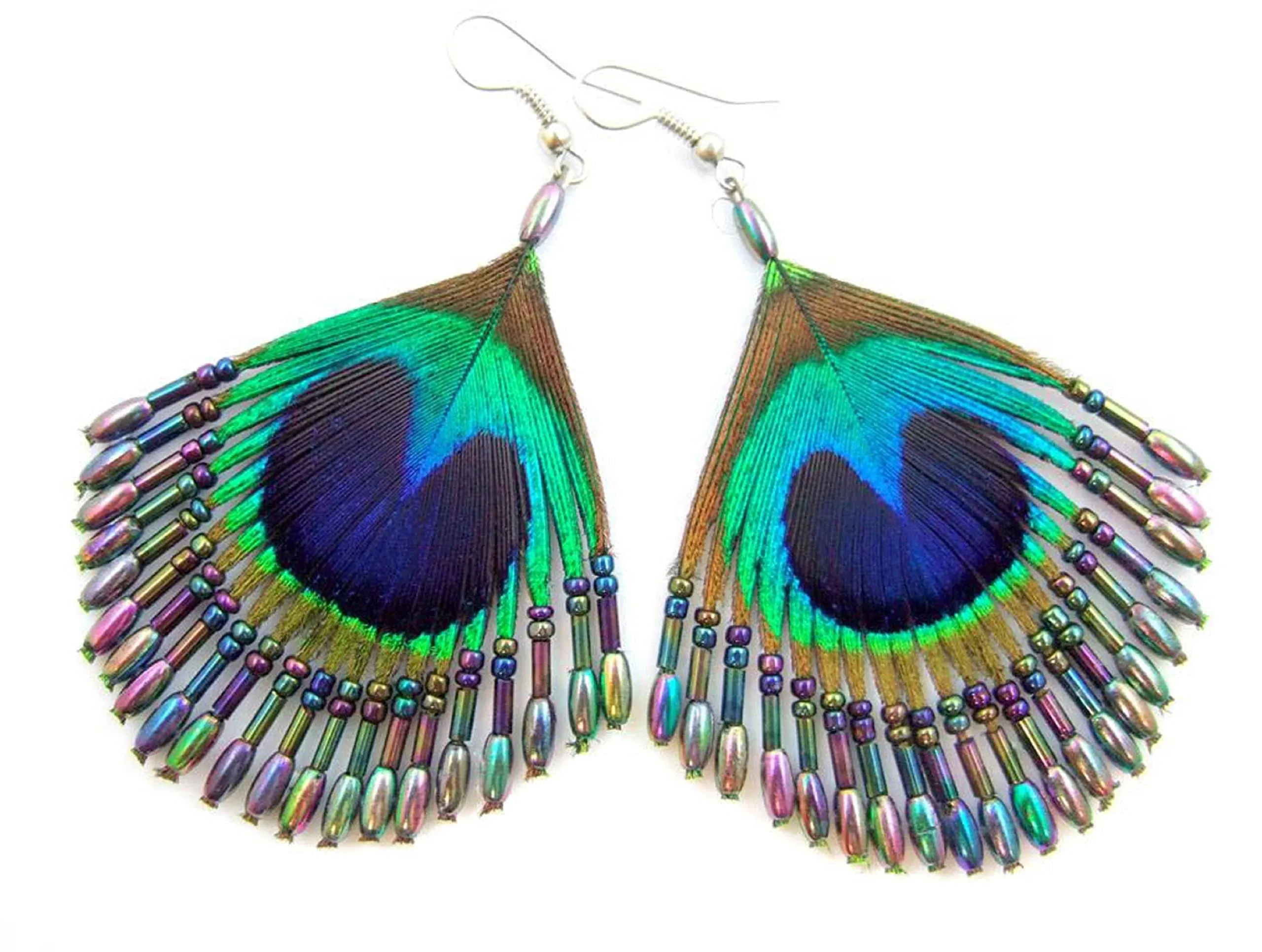 Earrings for Women, Iridescent Peacock Feather Hand Beaded Rainbow 