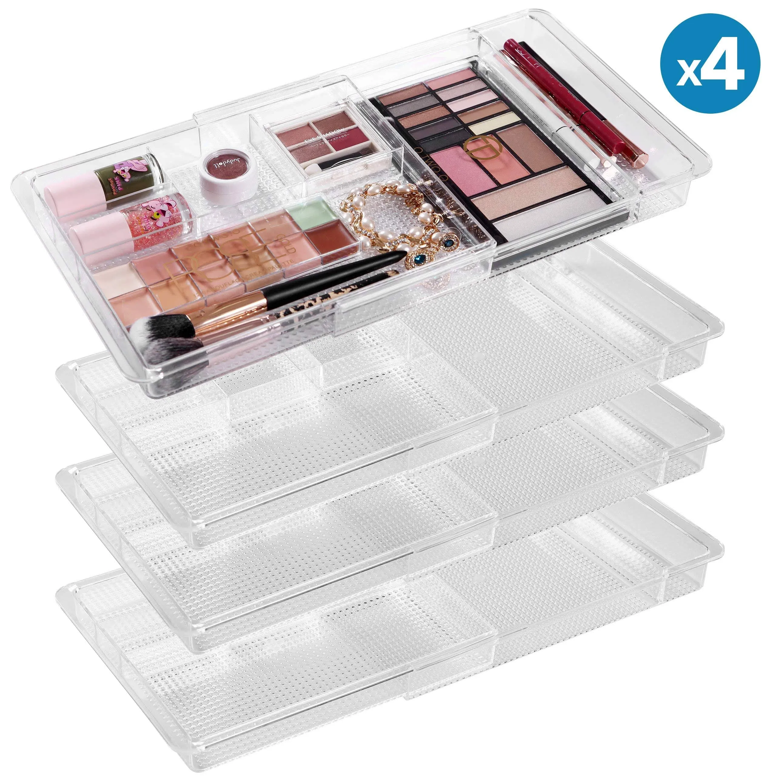 Oubonun Expandable Drawer Organizer 11.1” to 19.2” Width, Shallow Cosmetic Organizer 1.3” Height, 4 Packs, Clear Plastic Storage Trays with 7