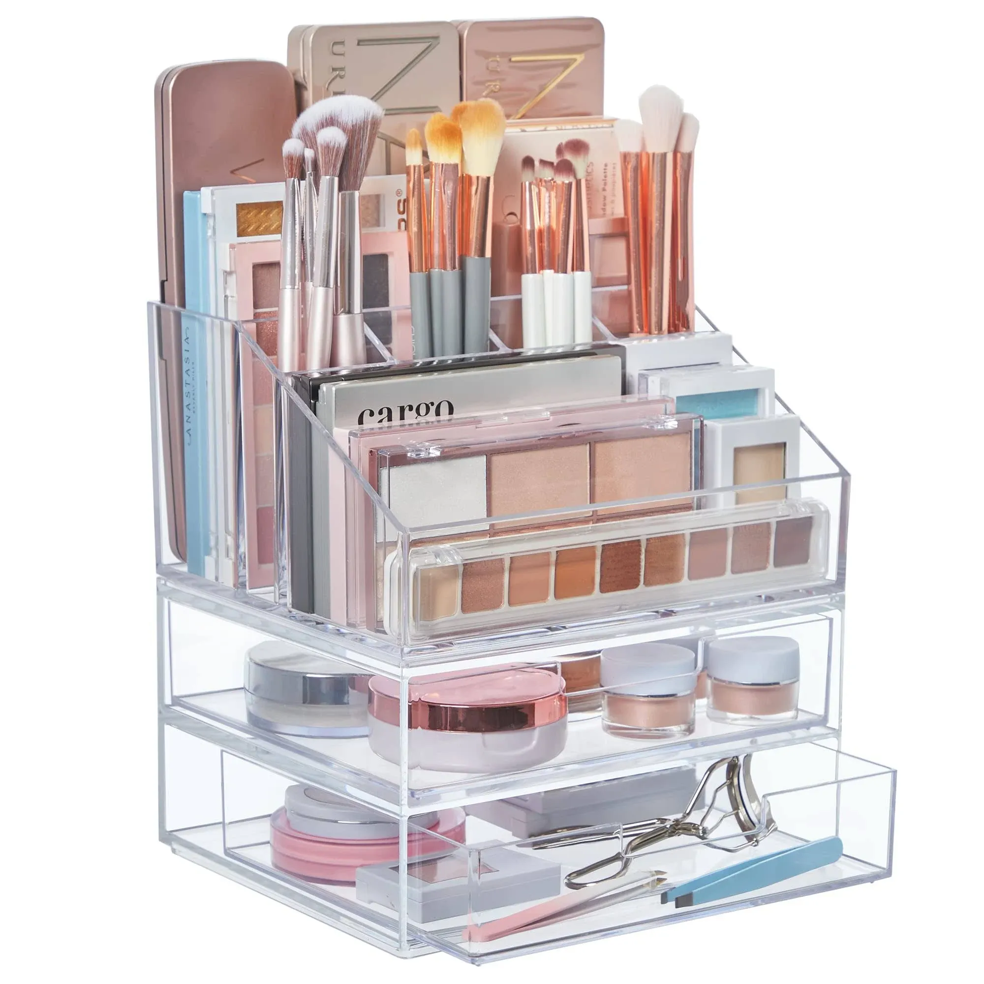 Stori Chloe Stackable Clear Makeup Holder and Double Organizer Drawer Set Organize Cosmetics and Beauty Supplies Made in USA