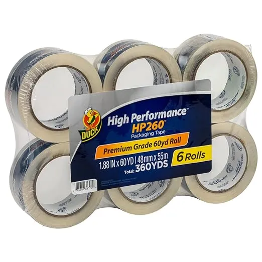 Duck Brand HP260 High Performance 3.1 Mil Packaging Tape, 1.88-Inch x 60 Yard Roll, Crystal Clear, 6 Rolls