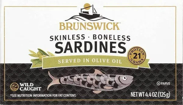 Brunswick Wild Caught Skinless and Boneless Sardines, Served in Olive Oil, 4.4 Ounce (Pack of 12)