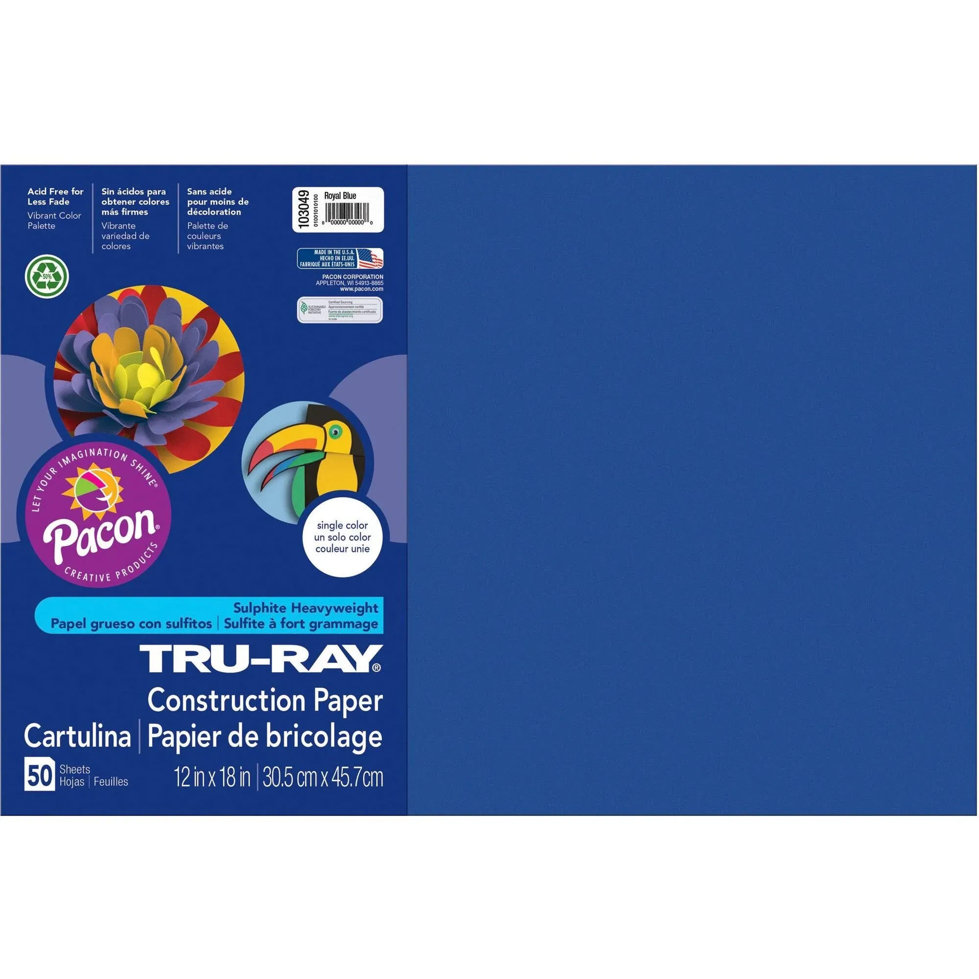 Pacon Tru-Ray Construction Paper, 76 lbs., 12 x 18, Royal Blue, 50